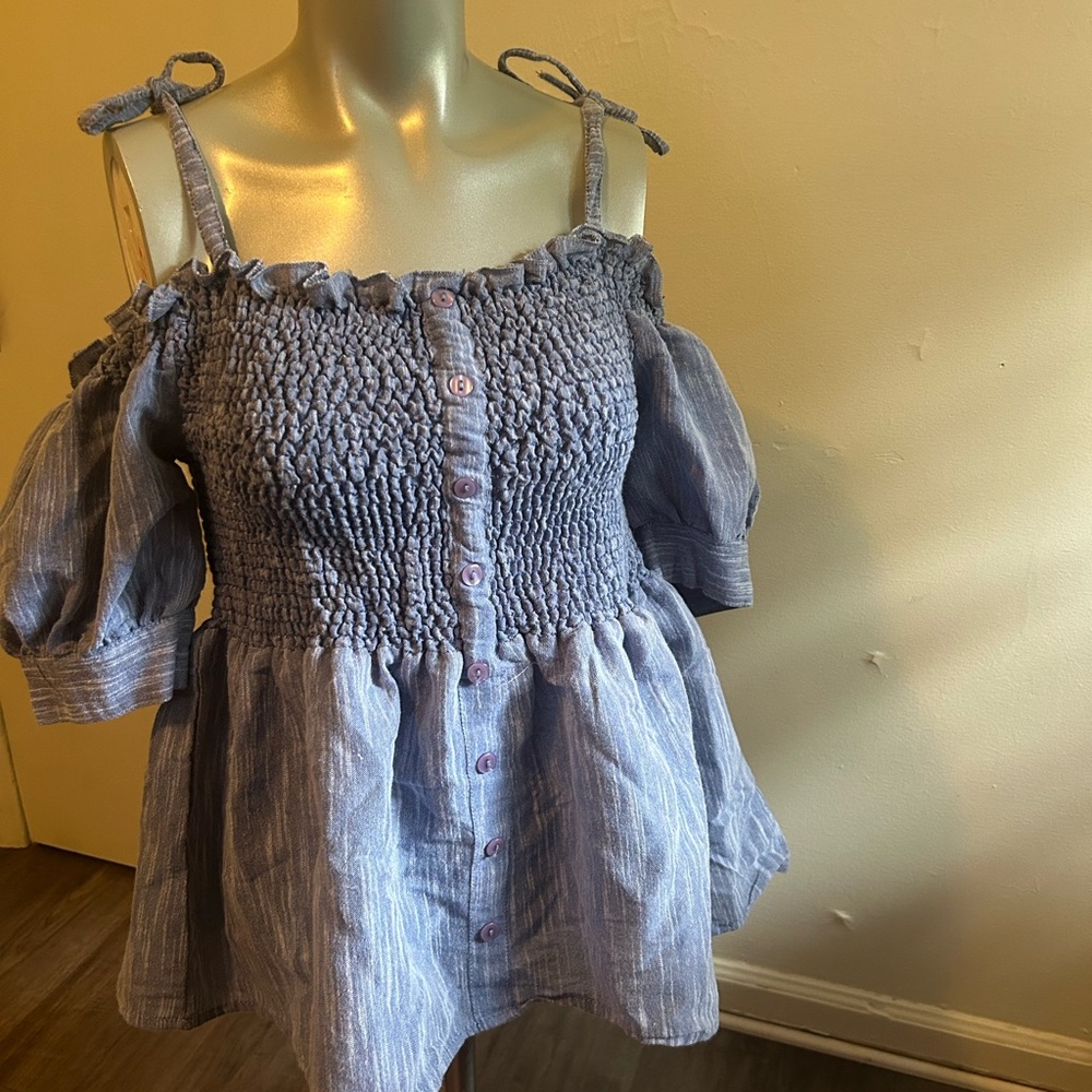 Blue Smocked Off-Shoulder Blouse with Ruffled Sleeves